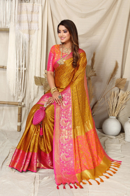 Mustard Colour Aura Rich Pallu designer silk Saree For Women's