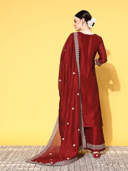 Red Party Wear Embroidery Worked Kurta With Pant And Duppata Set
