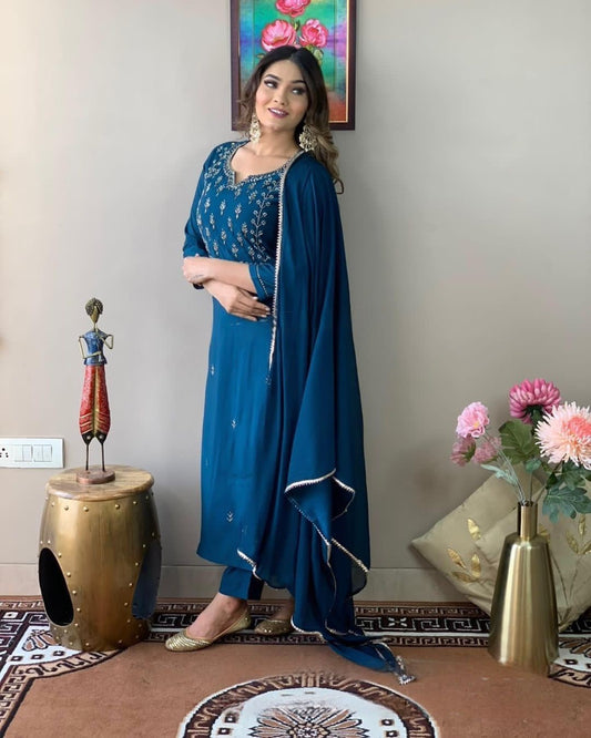 Blue Party Wear Embroidery Worked Kurta With Pant And Duppata Set