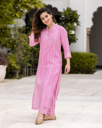 Pink Colour Pure Muslin Readymade Kurti With Bottom Set For Women's