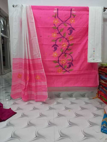 Pink Color Cotton Silk Dhakai Jamdani Suit Set