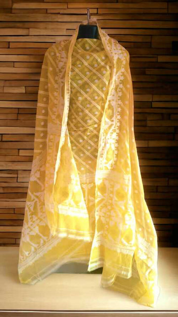 Yellow & white color 2 pcs jamdani suit