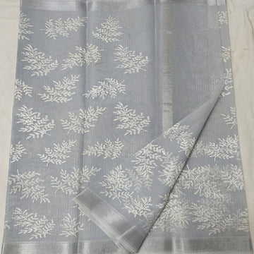 Grey colour Kota doria embroidery saree