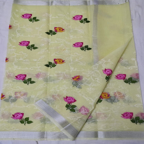 Light yellow colour Kota doria embroidery saree