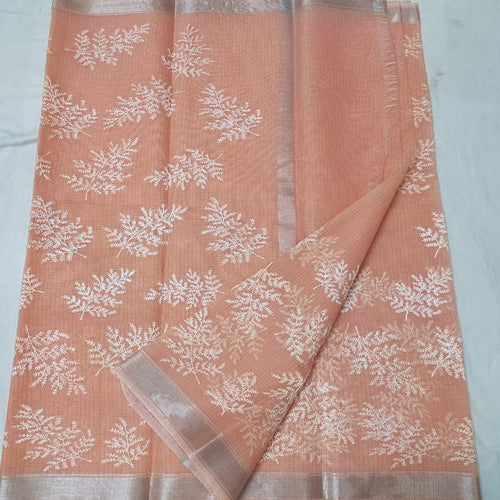 Peach colour Kota doria embroidery saree1
