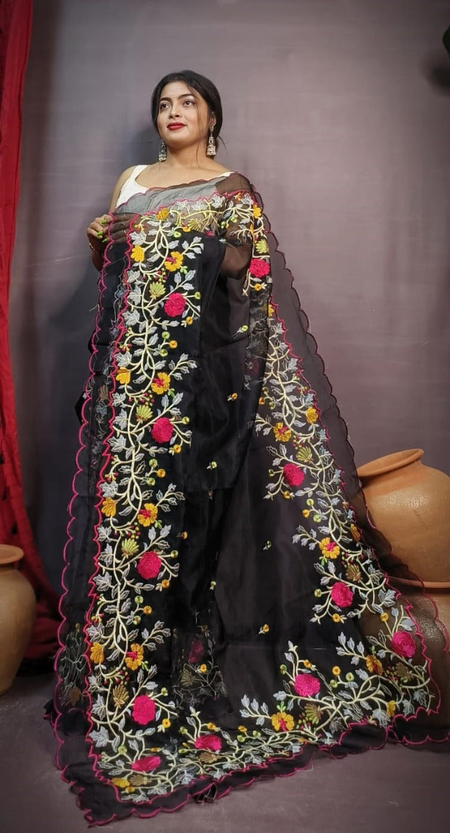 Black color organza embroidery saree