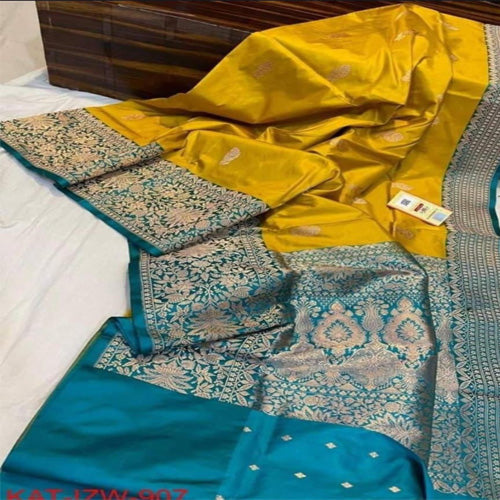 Gorgeous Mustard large buta katan silk with contrast Turquoise intricate zari woven large border and Pallu