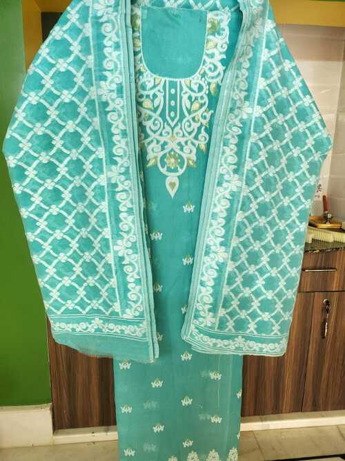 Teal blue Color Cotton Dhakai Jamdani Suit Set