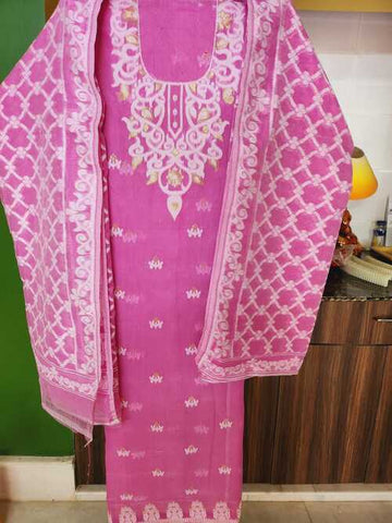 Pink Color Cotton Dhakai Jamdani Suit Set