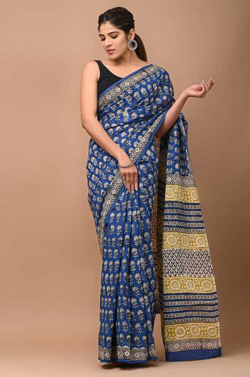 Beautiful Royal blue with black white hand block print saree