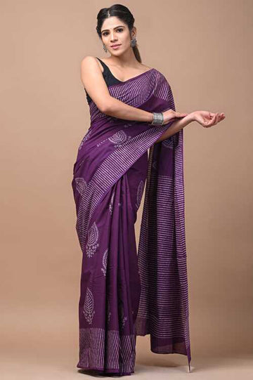 Beautiful Purple with white hand block print saree