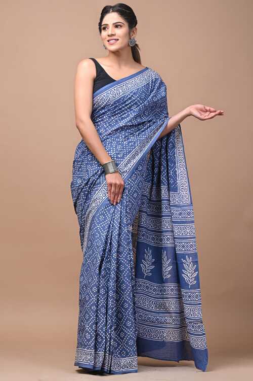 Beautiful Blue with white hand block print saree