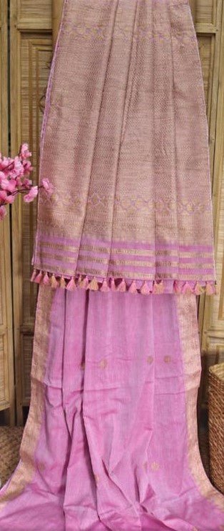 A light Baby Pink with Zari butis all over with an exquistely woven Zari Pallu & Border - Sarikart Online