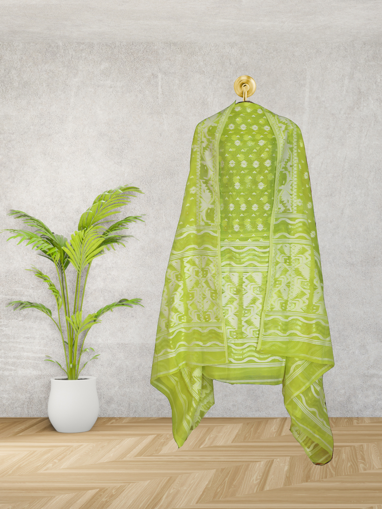 Stunning Pista Green Cotton Jamdani Suit Set with Intricate Handwoven Patterns and Matching Dupatta - Perfect for All Occasions