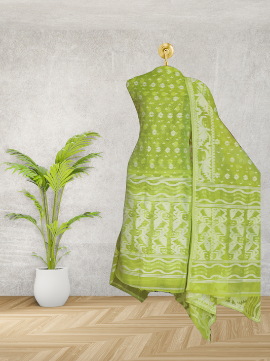 Stunning Pista Green Cotton Jamdani Suit Set with Intricate Handwoven Patterns and Matching Dupatta - Perfect for All Occasions