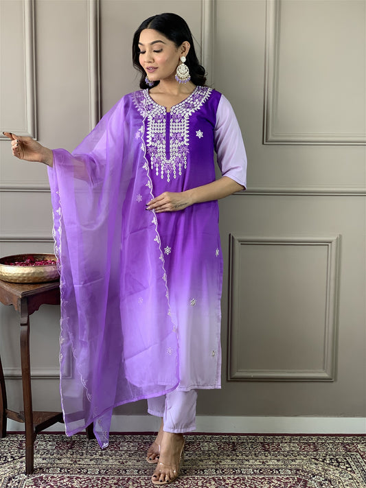 Women Straight Embroidered Kurta with Bottom and Dupatta