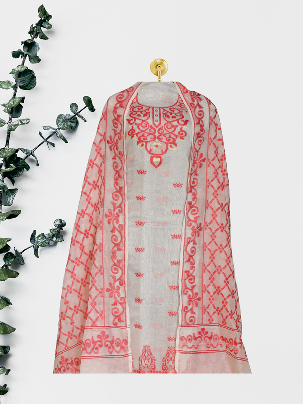 White Color Cotton Dhakai Jamdani Suit Set – Premium Handwoven Cotton with Matching Dupatta