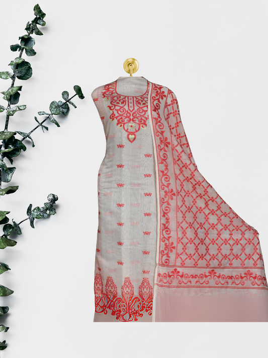 White Color Cotton Dhakai Jamdani Suit Set – Premium Handwoven Cotton with Matching Dupatta