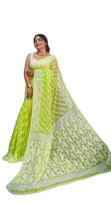 Pista green & White colour Jamdani