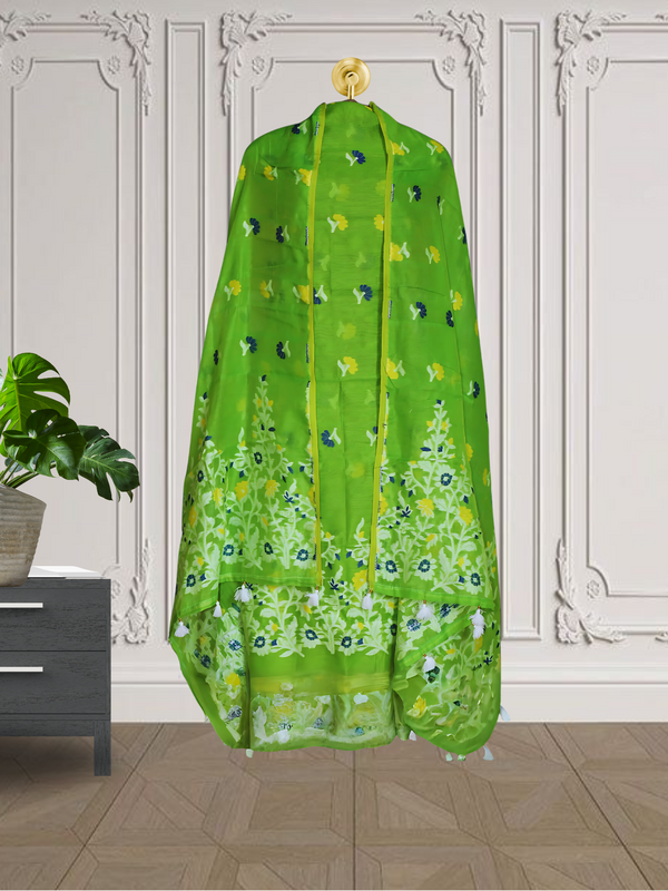 Green Color Dhakai Jamdani 2pcs Suit Set - Handwoven Cotton Jamdani Suit Material with Intricate Patterns and Matching Dupatta - Perfect for All Occasions