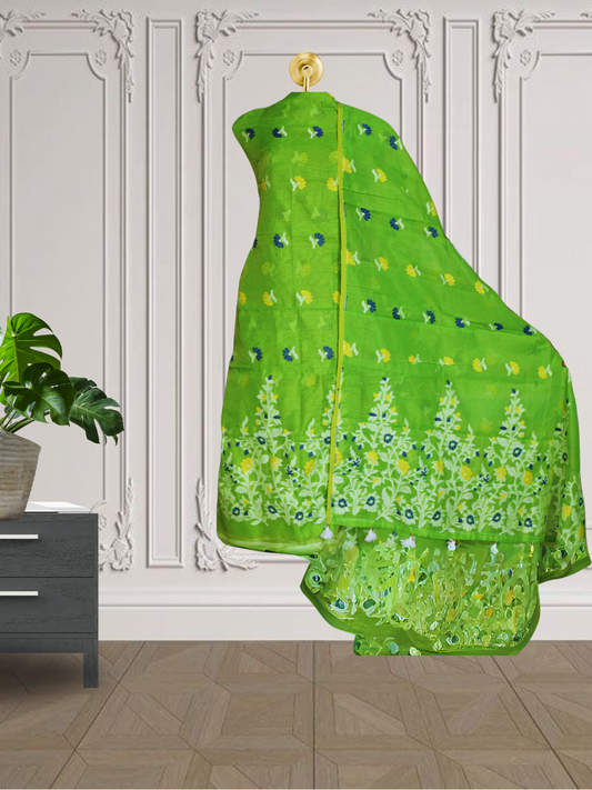 Green Color Dhakai Jamdani 2pcs Suit Set - Handwoven Cotton Jamdani Suit Material with Intricate Patterns and Matching Dupatta - Perfect for All Occasions