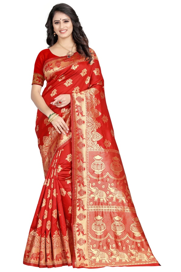 Traditional Red Color Floral Woven Silk Saree – 5.5m Ethnic Saree with Blouse Piece for Weddings & Festive Celebrations