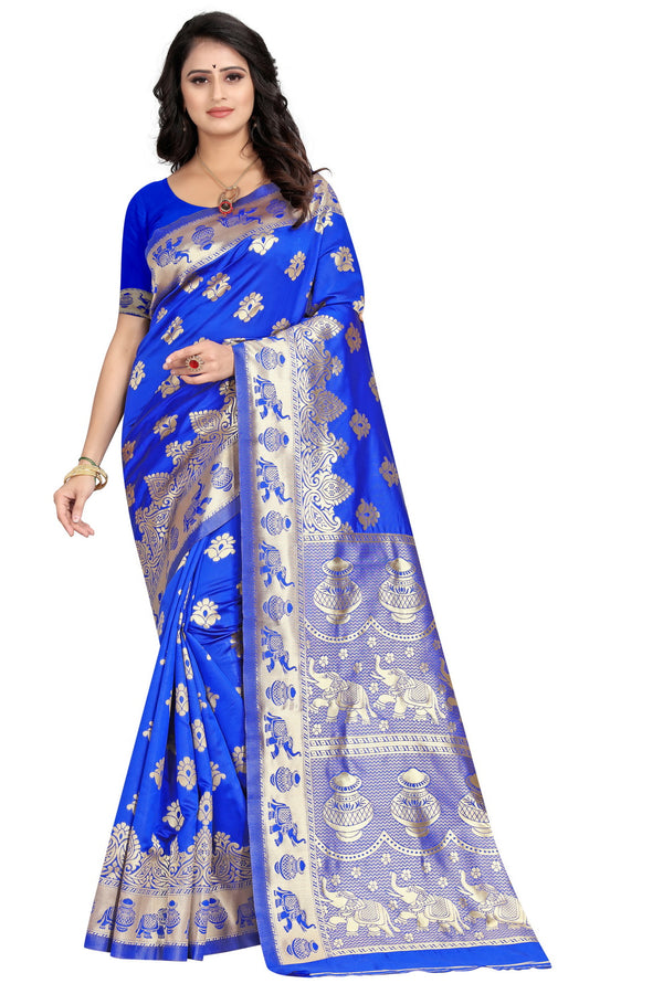 Elegant Royal Blue Floral Woven Silk Saree – 5.5m Ethnic Saree with Blouse Piece for Weddings & Special Occasions