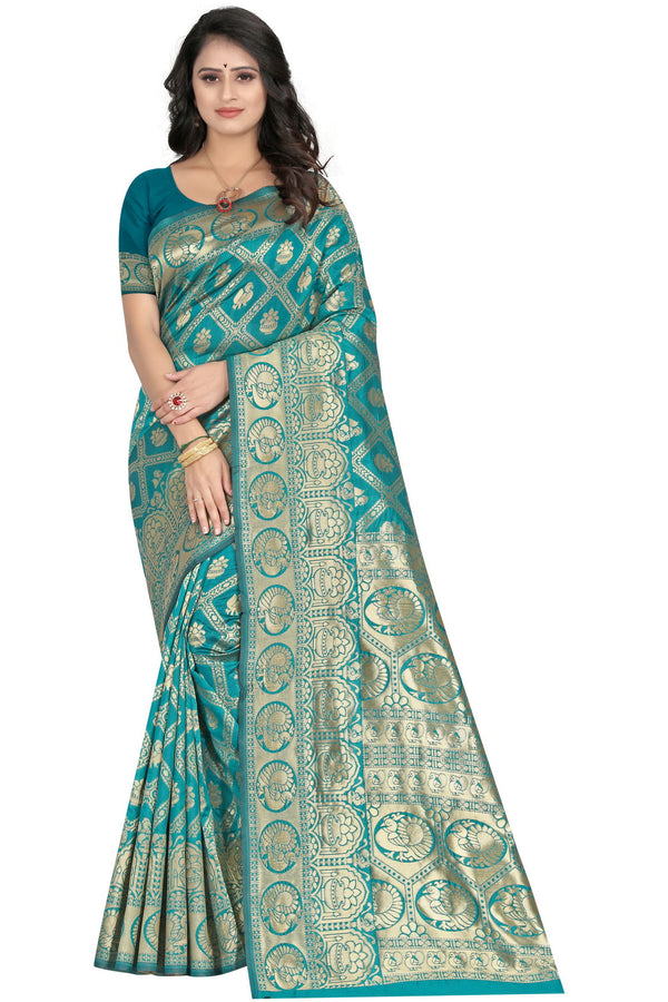 Stunning Firozi Floral Woven Silk Saree – Lightweight 5.5m Saree with Matching Blouse Piece for Weddings, Festive Occasions & Party Wear