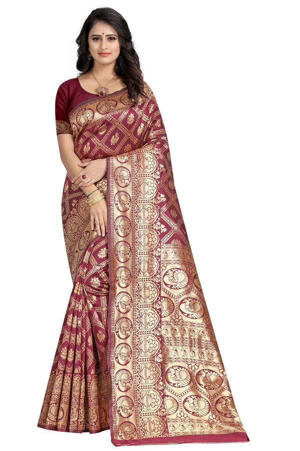 Elegant Maroon Floral Woven Silk Saree – 5.5m Saree with Matching Blouse Piece – Perfect for Weddings, Parties & Special Occasions