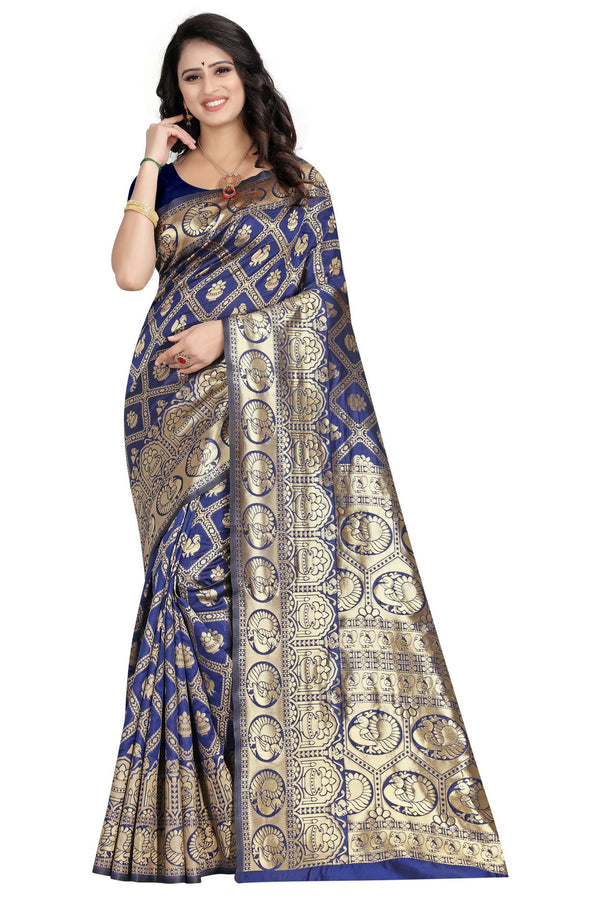 Elegant Navy Blue Floral Woven Silk Saree – 5.5m Length Saree with Matching Blouse Piece – Ideal for Weddings, Parties, and Special Occasions