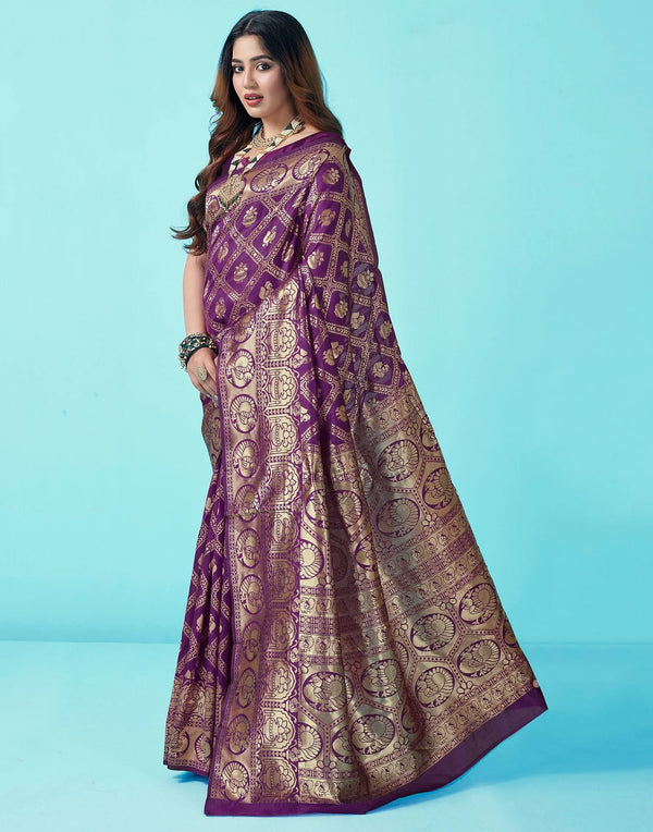 Elegant Purple Color Floral Woven Saree – Luxurious Silk Fabric with Intricate Floral Weaving – 5.5m Saree Length and 0.8m Blouse Piece – Perfect for Weddings, Festivals, and Celebrations – Dry Clean Only