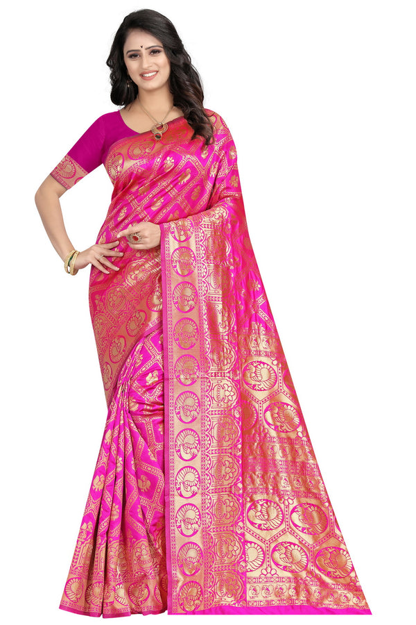 Elegant Rani Color Floral Woven Silk Saree – 5.5m Length Saree with Matching Blouse Piece – Perfect for Weddings, Parties, and Special Occasions