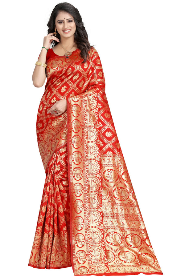 Stunning Red Color Floral Woven Silk Saree – 5.5m Saree with Matching Blouse Piece – Ideal for Weddings, Parties, and Special Occasions