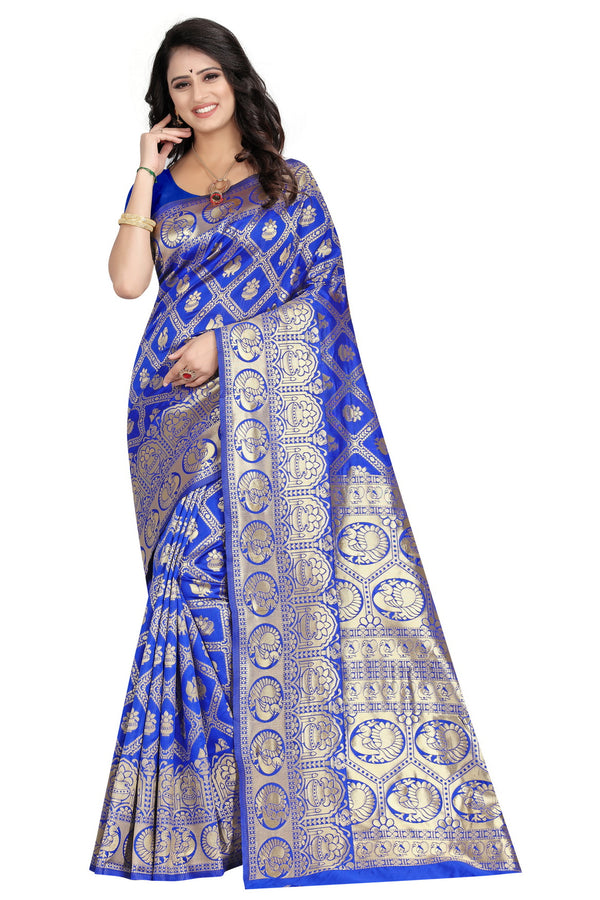 Royal Blue Color Floral Woven Silk Saree – 5.5m Saree with Matching Blouse Piece – Perfect for Weddings, Parties, and Special Occasions