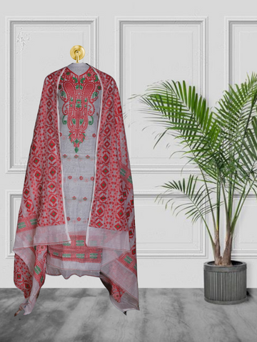 Stunning White & Red Cotton Jamdani 2-Piece Suit Set with Intricate Handwoven Patterns and Matching Dupatta - Perfect for All Occasions