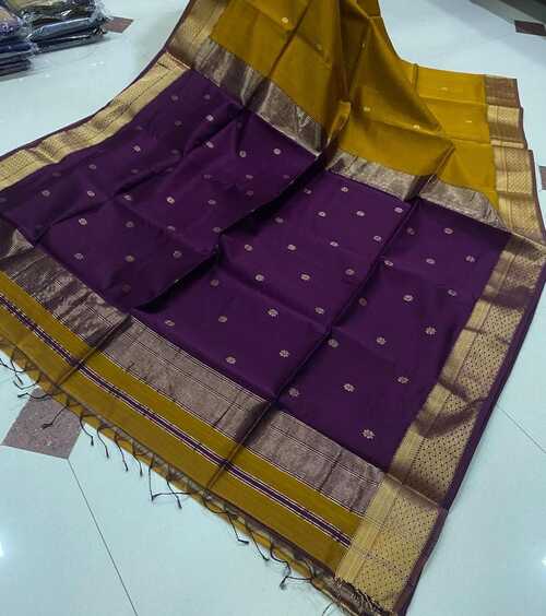 Mustard yellow & dark violet color beautiful gold zari design border