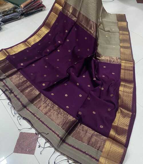 Grey & deep violet color beautiful gold zari design border