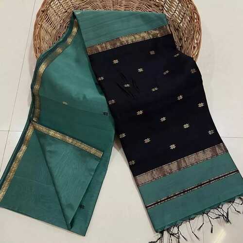 Sea green with black color small gold zari star border saree