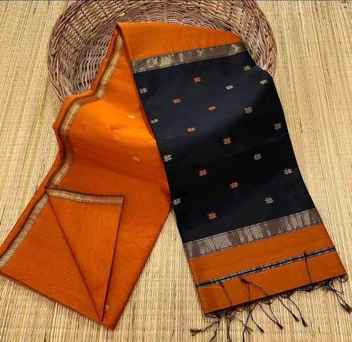 Orange with black color small gold zari star border saree