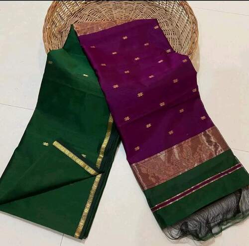 Bottle green with purple color small gold zari star border saree