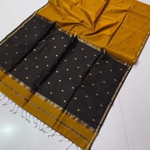 Mustard with black color small gold zari star border saree