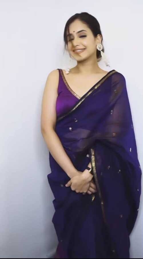 Navy blue with purple color small gold zari star border saree