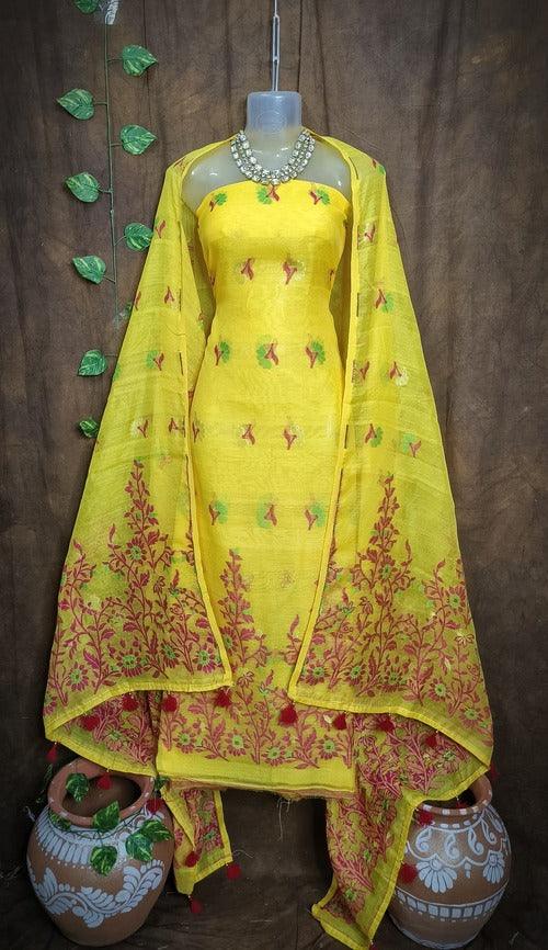 Mustard Color Dhakai Jamdani 2pcs Suit Set - Handwoven Cotton Jamdani Suit Material with Intricate Patterns and Matching Dupatta - Perfect for Any Occasion - Sarikart Online