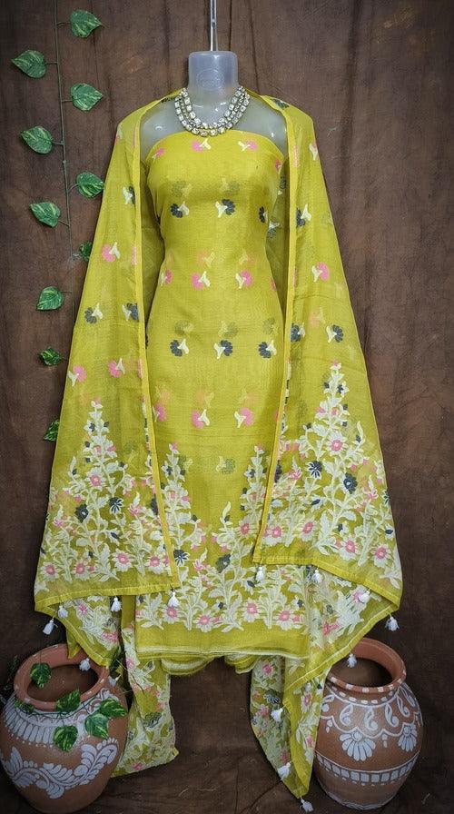 Olive Color Dhakai Jamdani 2pcs Suit Set - Exquisite Handwoven Cotton Jamdani Suit Material with Intricate Patterns and Matching Dupatta - Sarikart Online