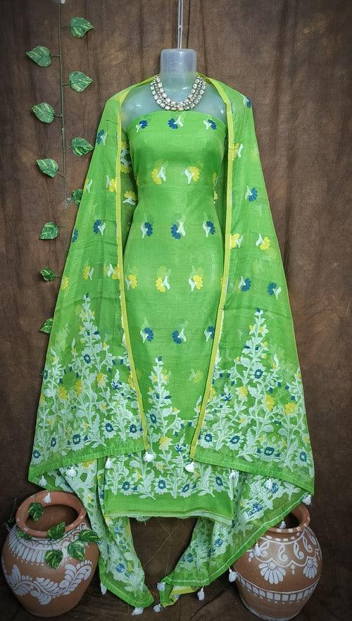 Green Color Dhakai Jamdani 2pcs Suit Set - Handwoven Cotton Jamdani Suit Material with Intricate Patterns and Matching Dupatta - Perfect for All Occasions - Sarikart Online