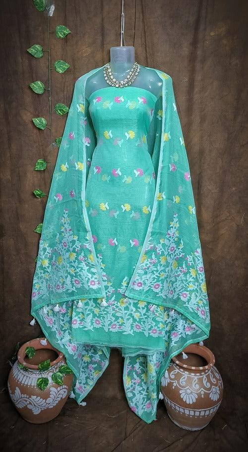 Aqua Blue Color Dhakai Jamdani 2pcs Suit Set - Exquisite Handwoven Cotton Jamdani Suit Material with Intricate Patterns and Matching Dupatta - Perfect for All Occasions - Sarikart Online