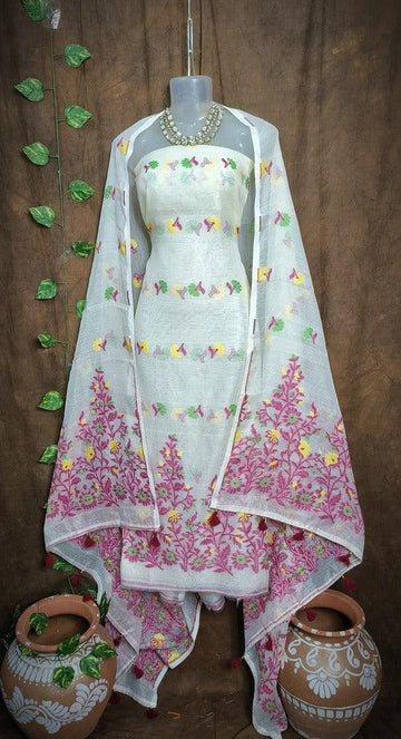 White Color Dhakai Jamdani 2pcs Suit Set - Exquisite Handwoven Cotton Jamdani Suit Material with Intricate Patterns and Matching Dupatta - Perfect for All Occasions - Sarikart Online