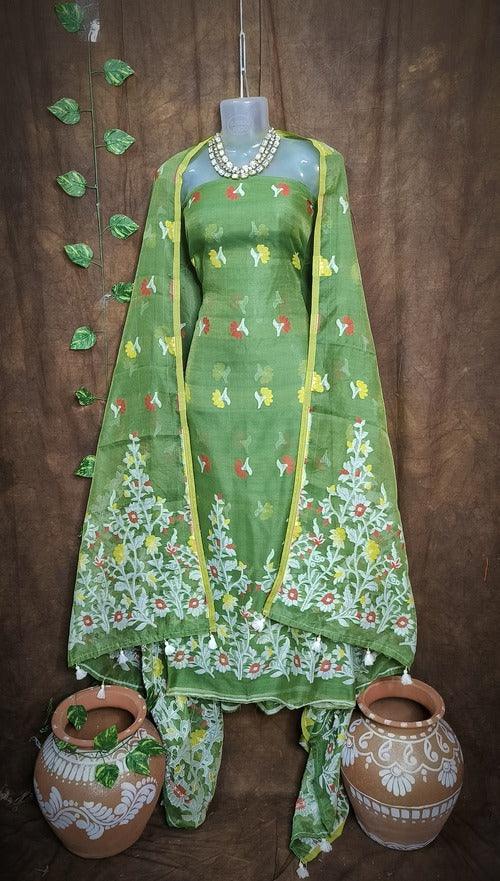 Mehandi Color Dhakai Jamdani 2pcs Suit Set - Exquisite Handwoven Cotton Jamdani Suit Material with Intricate Patterns and Matching Dupatta - Perfect for All Occasions - Sarikart Online