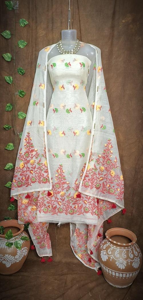 Off White Color Dhakai Jamdani 2pcs Suit Set - Exquisite Handwoven Cotton Jamdani Suit Material with Intricate Patterns and Matching Dupatta - Perfect for All Occasions - Sarikart Online
