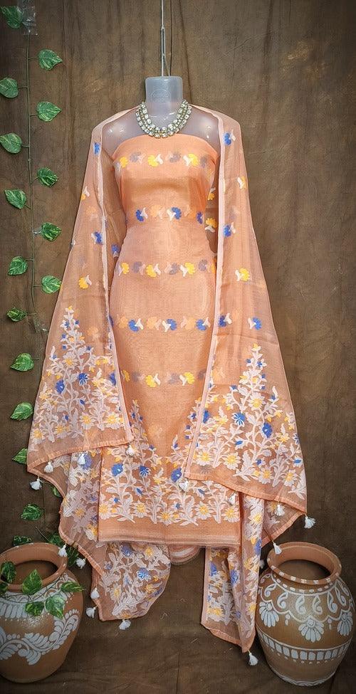 Peach Color Dhakai Jamdani 2pcs Suit Set - Exquisite Handwoven Cotton Jamdani Suit Material with Intricate Patterns and Matching Dupatta - Perfect for All Occasions - Sarikart Online